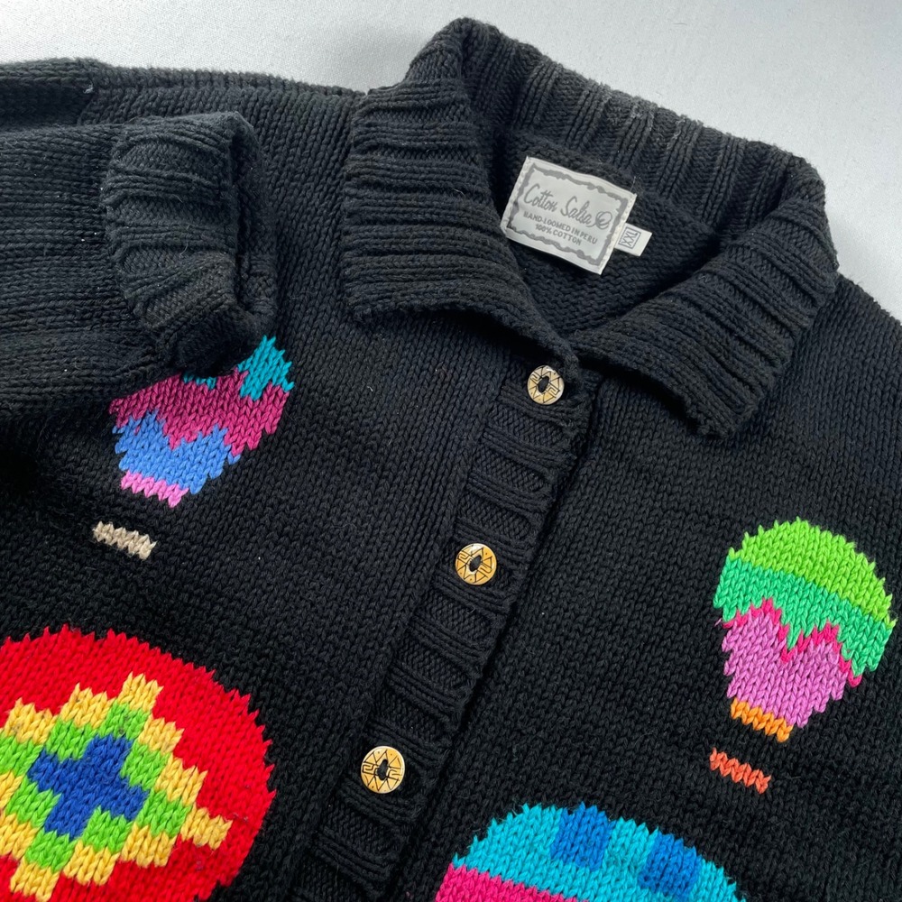 Cotton Salsa Hot Air Balloon Cardigan Sweater Black Knit Peru Cotton XXL Vintage